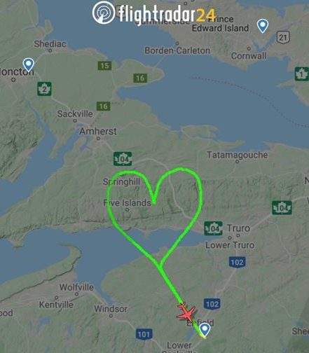 Dimitri Neonakis flew a heart-shaped pattern over the area of Portapique, N.S., where 22 people were killed by a gunman on April 18 and April 19.