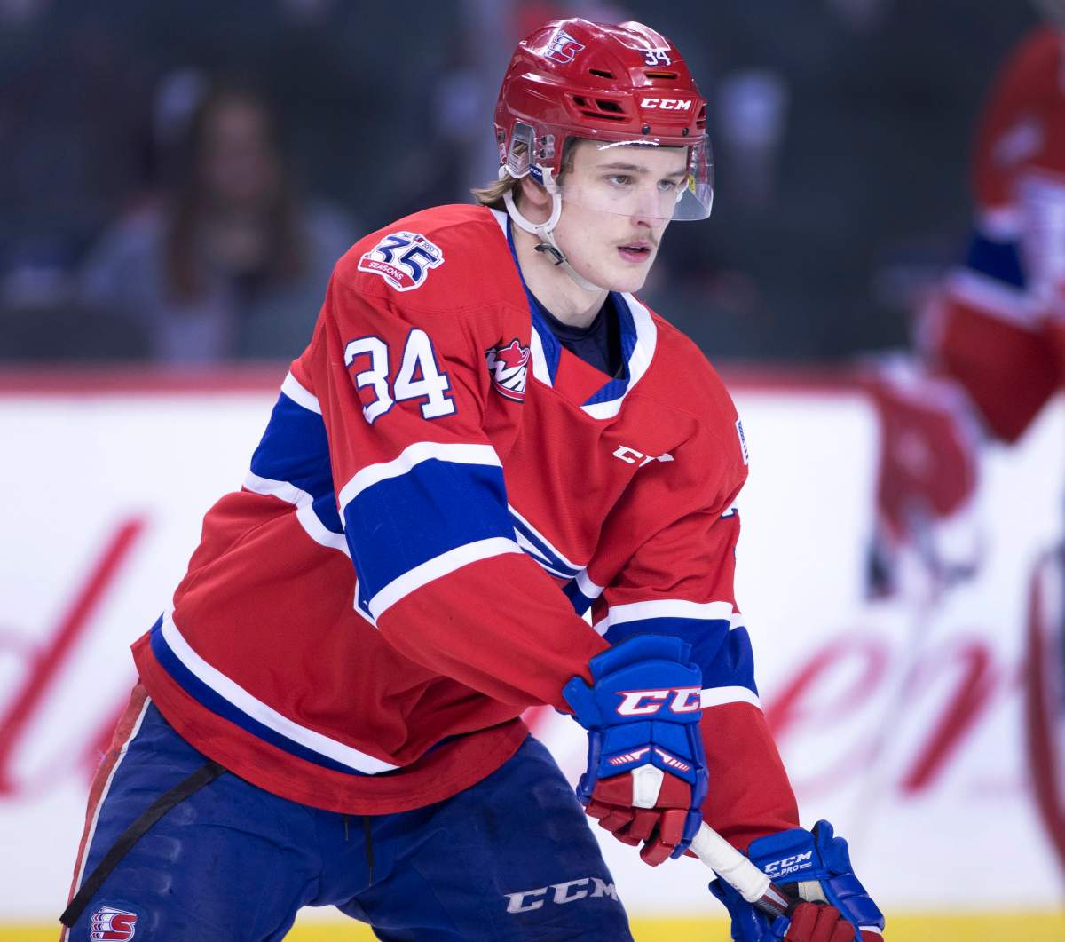 Spokane Chiefs player Adam Beckman during a game against the Calgary Hitmen in Calgary, Alta. on March 7, 2020.