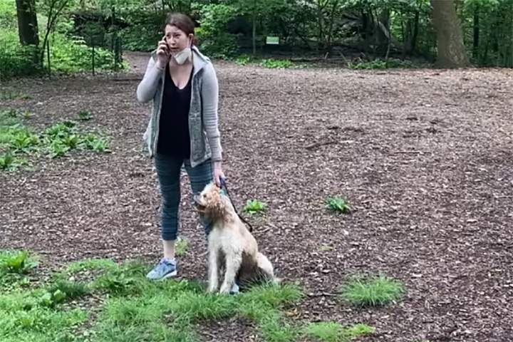 Amy Cooper is shown in this image from video recorded in the Ramble area of Central Park in New York City on May 25, 2020.