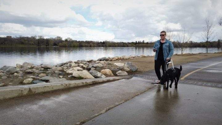 Ashley Nemeth uses the BlindSquare Event app to navigate Regina's Wascana Park independently.