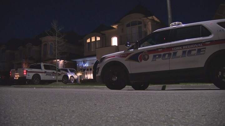 A photo of police at the scene in Aurora, Ont.