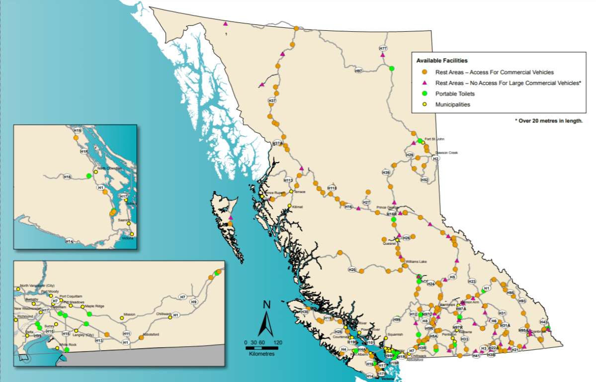 A map of rest areas and portable toilets in B.C.