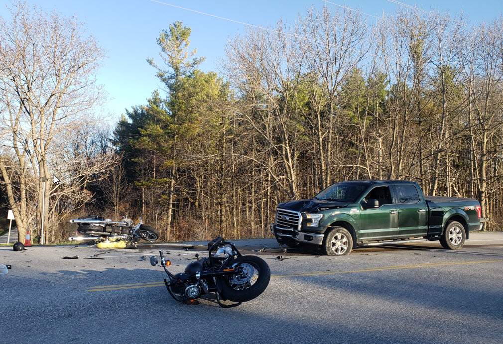 OPP say a motorcyclist died following a crash with a pickup truck north of Guelph on Friday .