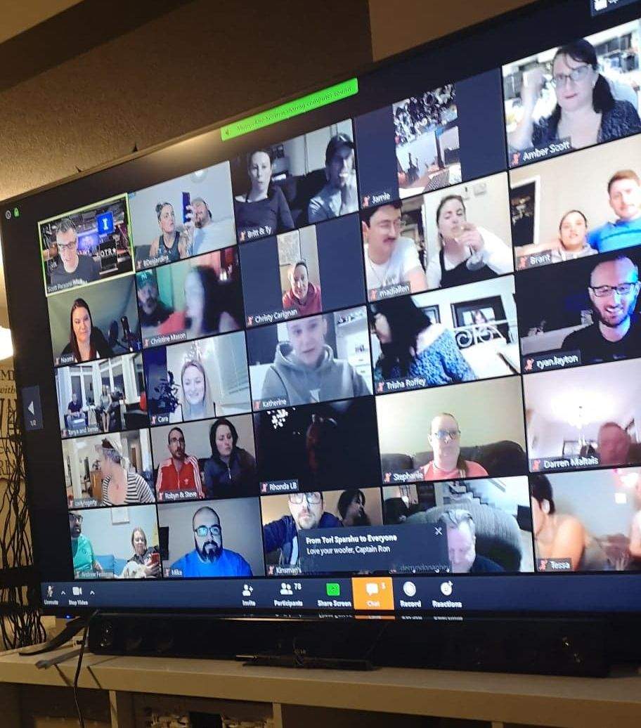 A screen showing the Bingo Toonz players participating via the Zoom video chat app.