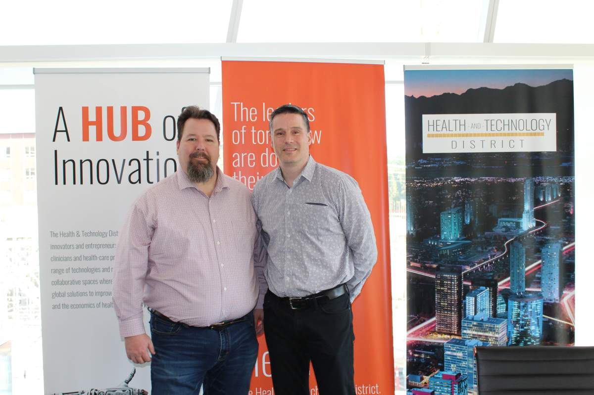 Larry Gifford and Dr. Ryan D’Arcy, at The Health and Technology District, which is located across the street from Surrey Memorial Hospital.