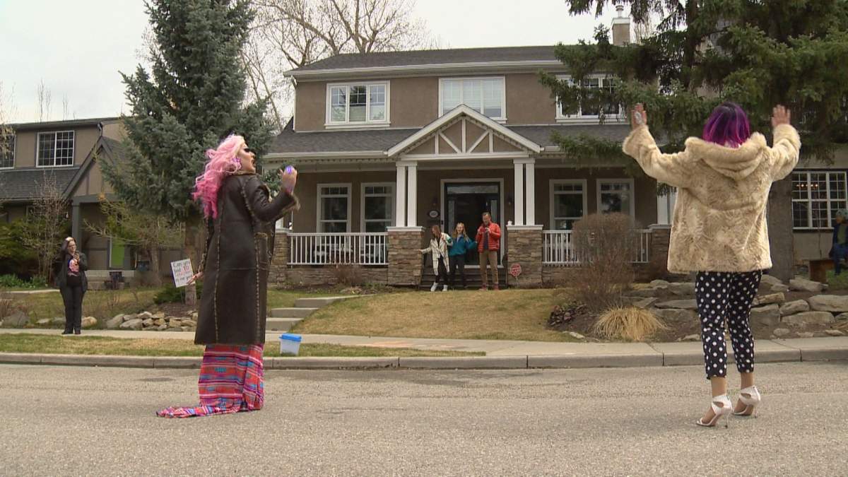 Drag queens performed in the street for moms in Calgary on Sunday, May 10, 2020.