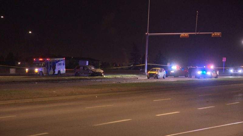 Calgary police investigate a fatal two-vehicle crash on 16 Avenue and 52 Street Northeast just before 3 a.m. on Wednesday, May 13, 2020.