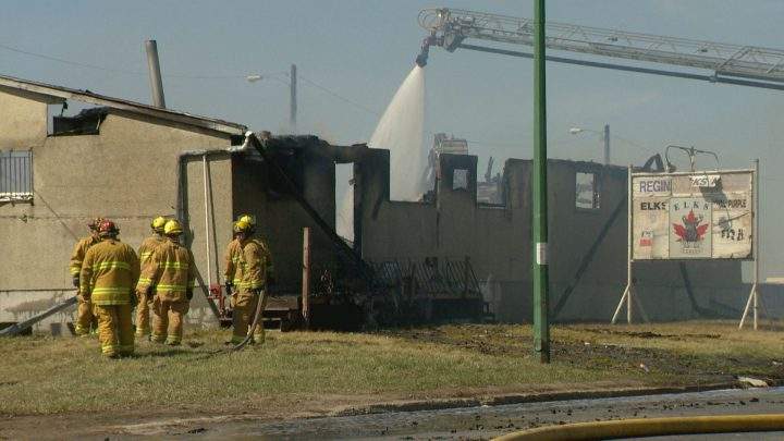 Regina firefighters battle a blaze at the Regina Elk’s club on Sunday