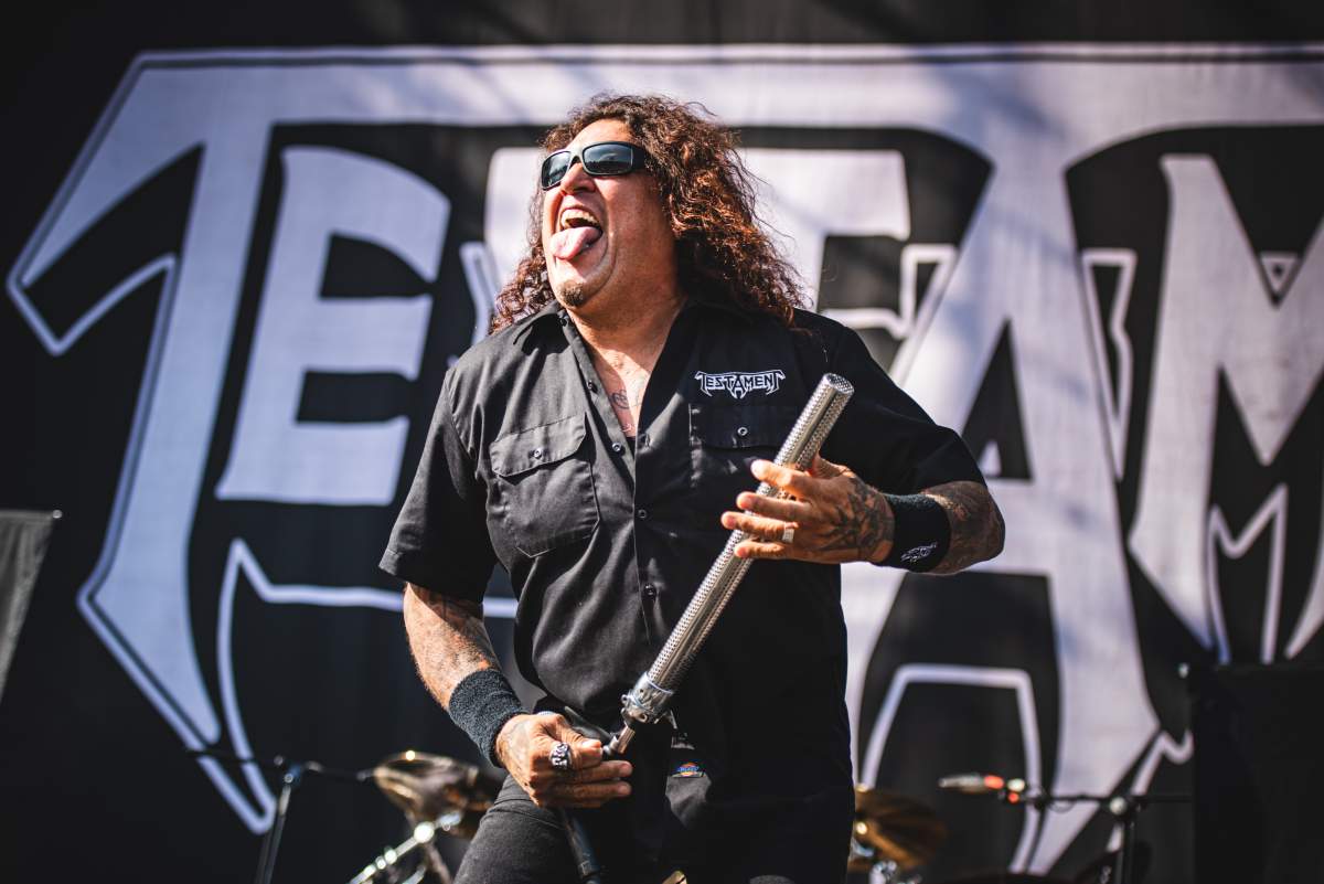 Chuck Billy, singer of the American trash metal band Testament, performing live on stage in Bologna, at the Bologna Sonic Park 2019 first-ever edition, opening for Slipknot.