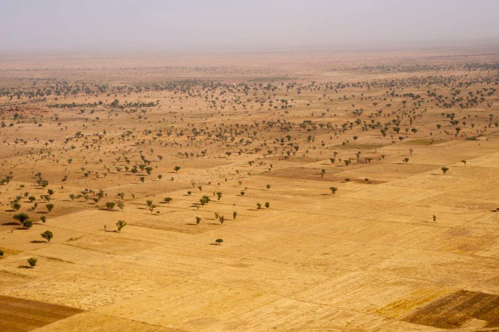 Aerial view of the dry sub-Saharan landscapes with fields near Mopti in Mali, West Africa.