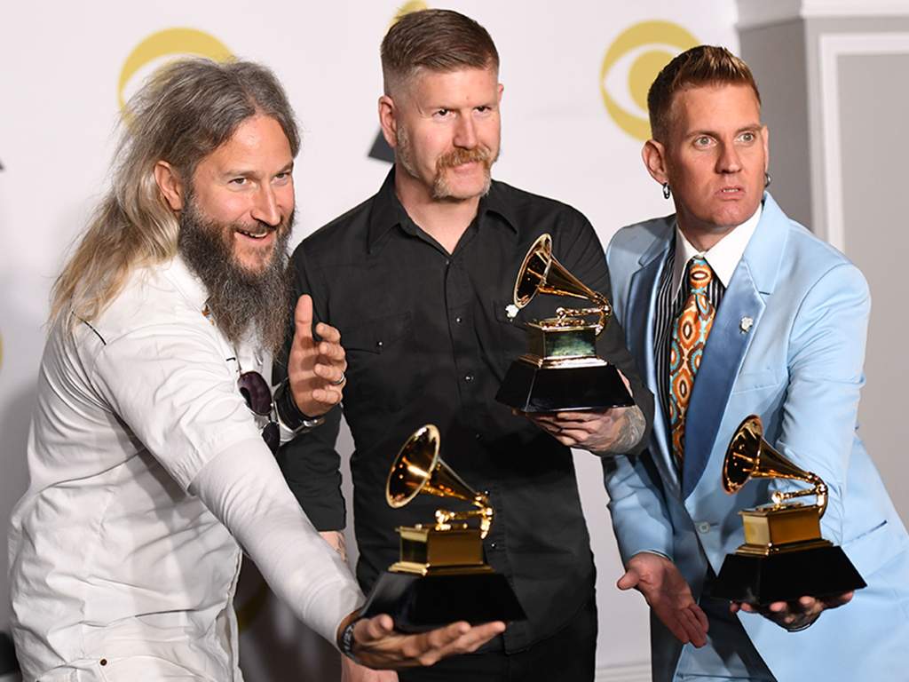 Mastodon poses with the trophy for Best Metal Performance in the press room during the 60th annual Grammy Awards on Jan. 28, 2018, in New York City.