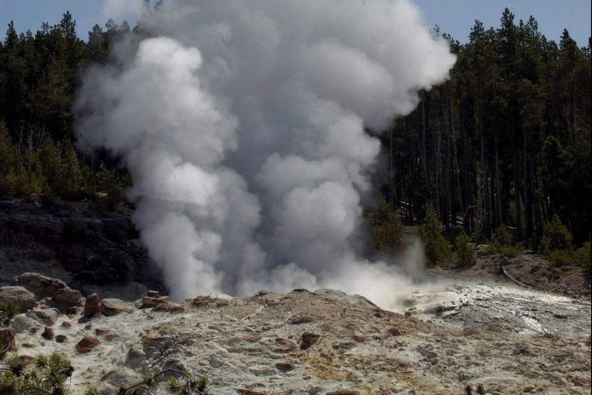 In this June 7, 2003 file photo, Steamboat Geyser in Yellowstone National Park, Wyo., is seen erupting.