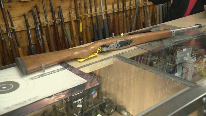 A Ruger Mini-14 semi-automatic rifle is seen at T'nT Gun Works in Regina.