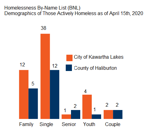 A graph of homelessness by demographic in the City of Kawartha Lakes and Haliburton County as of April 15.