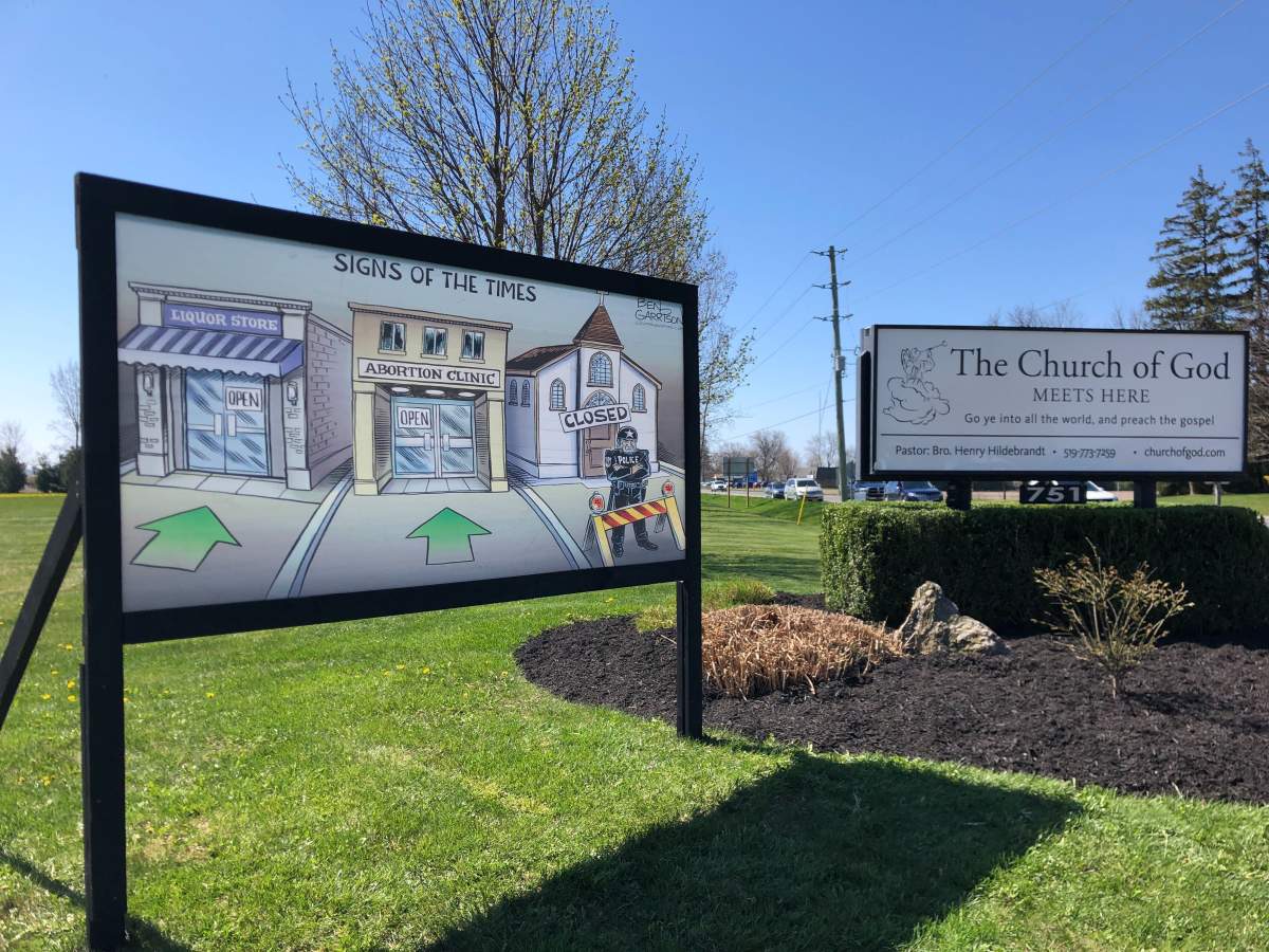 A sign outside the Church of God in Aylmer Ont., comparing churches to services that were deemed essential by the provide amid the COVID-19 pandemic.
