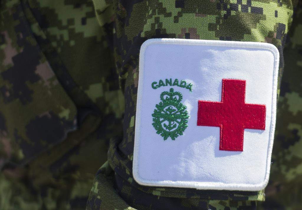 A patch is seen on a member of the Canadian Armed Forces. CAF personnel continue to assist the community of Pauingassi First Nation - which has reported seven probable cases of the B.1.1.7 COVID-19 variant.