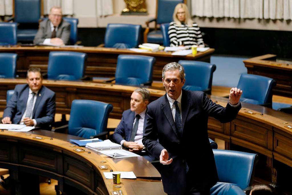 Manitoba premier Brian Pallister responds to the opposition during question period at the Manitoba Legislature in Winnipeg, Wednesday, May 6, 2020.
