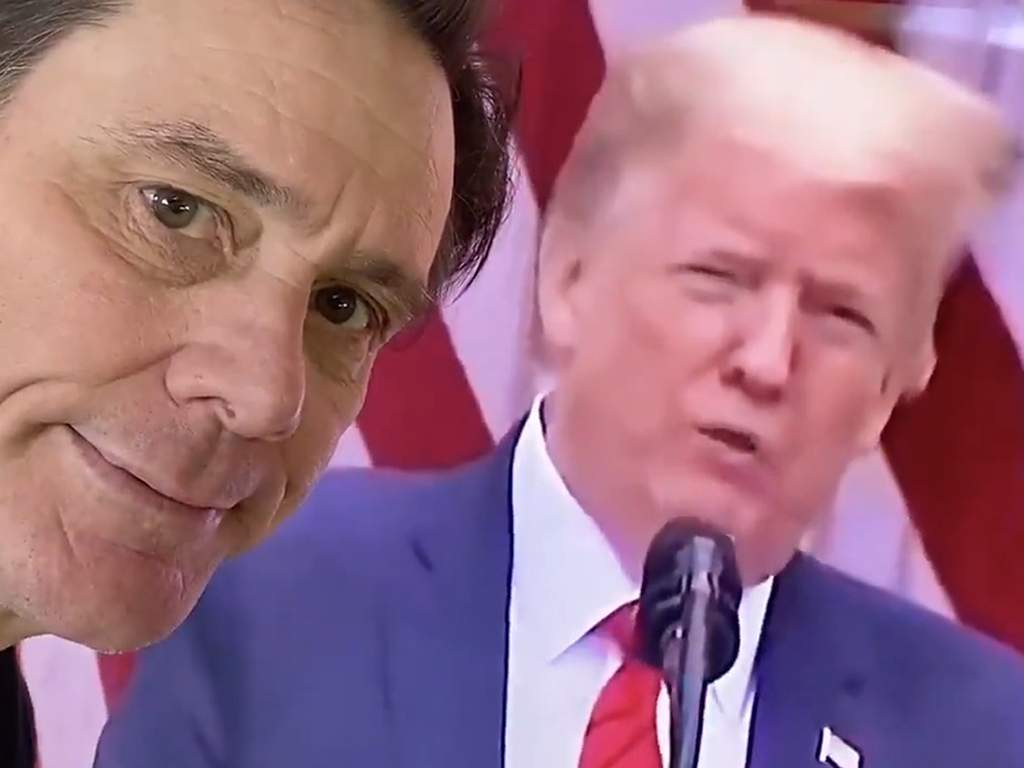 Jim Carrey watching U.S. President Donald Trump on his TV screen on May 16, 2020.