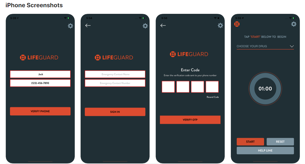 Lifeguard App is enabled by the registered user before consuming opioids. After 50 seconds, the app will sound an alarm, which will go louder unless the person presses the stop button. After 75 seconds, if the user is still unable to deactivate the alarm, a text-to-voice call will go direct to 9-1-1.