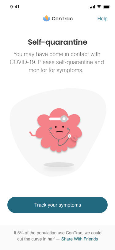 A Screenshot of LivNao’s app, ‘Contrac,’ which alerts smartphone users if they may have had contact with a COVID-19 patient.