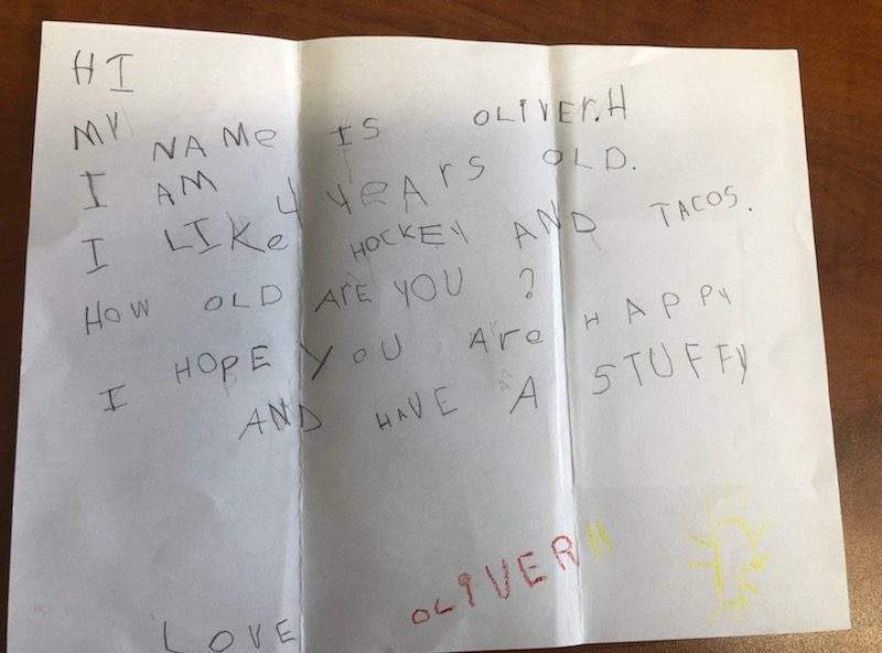 “I hope you are happy and have a stuffy,” reads a letter from 4-year-old Oliver.
