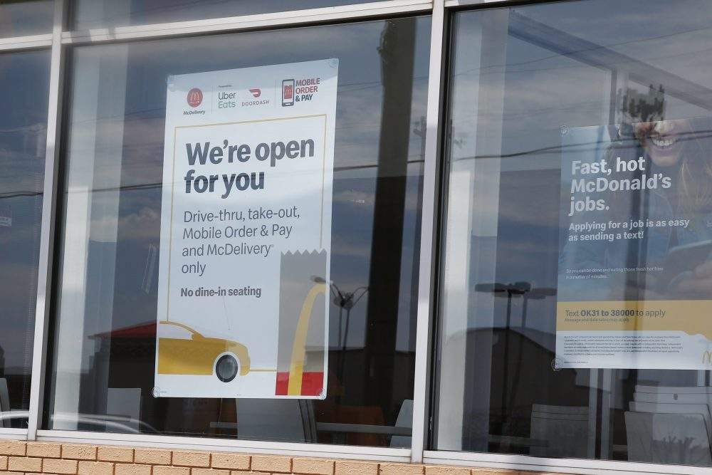 A sign in the window at a McDonald’s restaurant states no dine-in seating Thursday, May 7, 2020, in Oklahoma City.