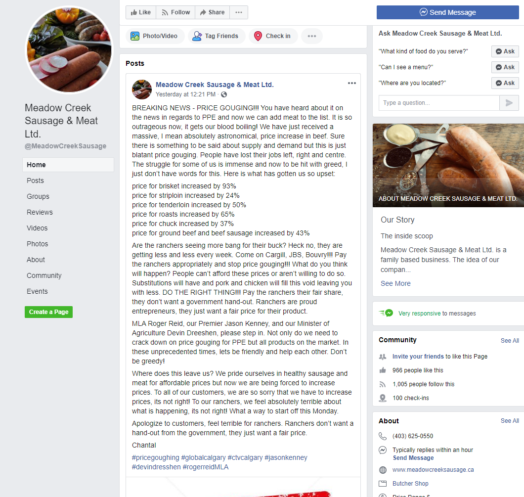 The owner of Meadow Creek Sausage and Meat Ltd. took to Facebook to voice concerns over price hikes on beef in the province.