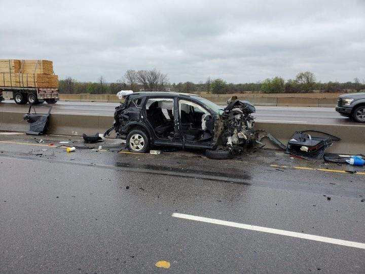 The scene of the crash on Highway 401 near Trafalgar Road.