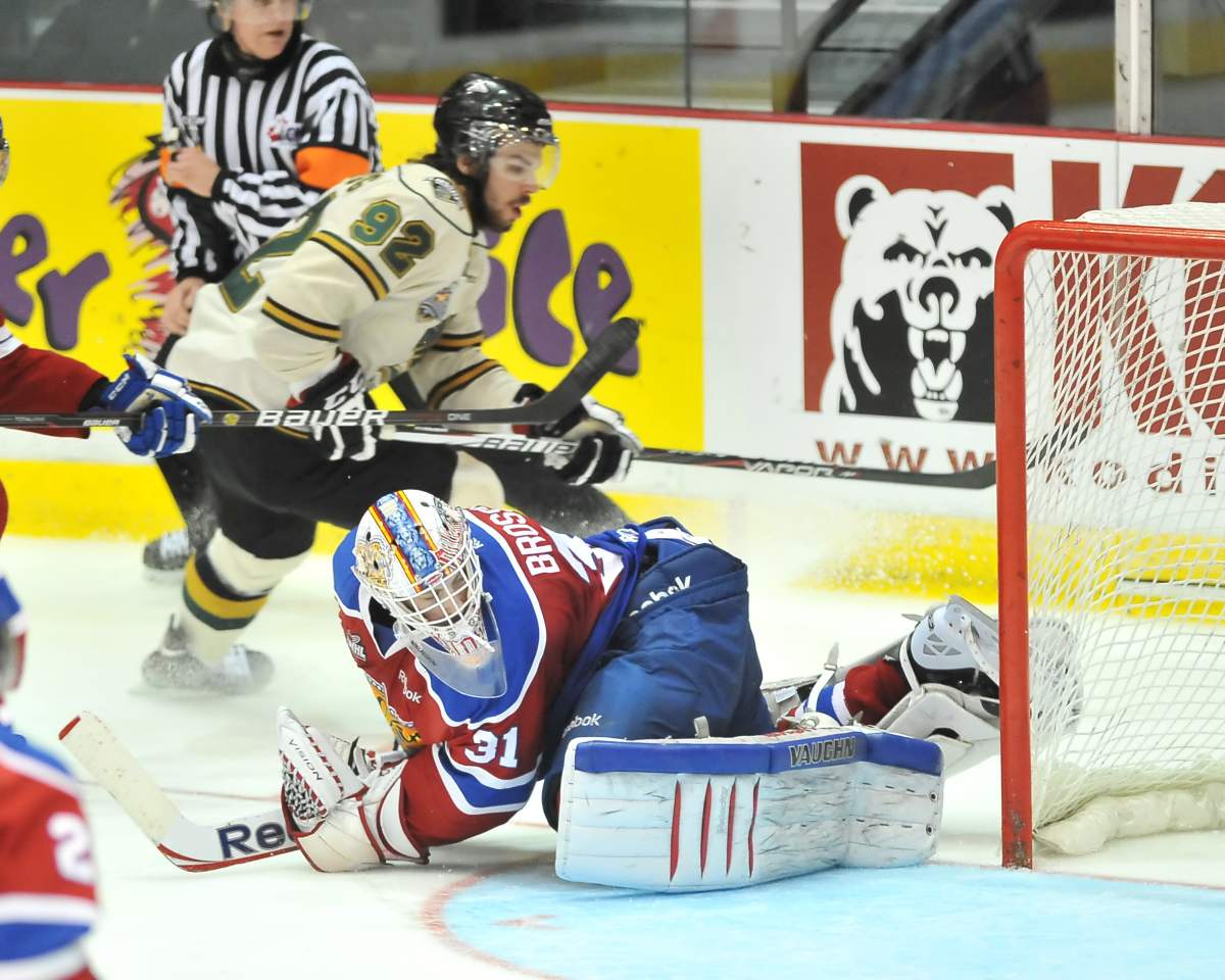 Greg McKegg of the London Knights gets a chance in close to the Edmonton Oil Kings net during the 2012 Memorial Cup.