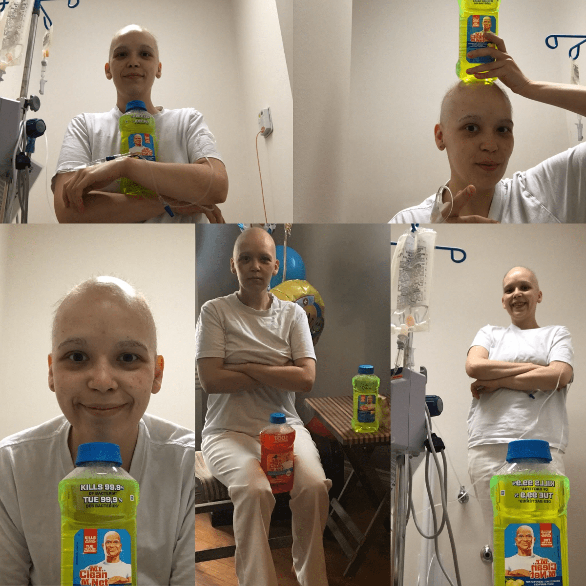 After losing her hair, Amanda Niebergall dressed as Mr. Clean for a chemo treatment on May 5, 2020.