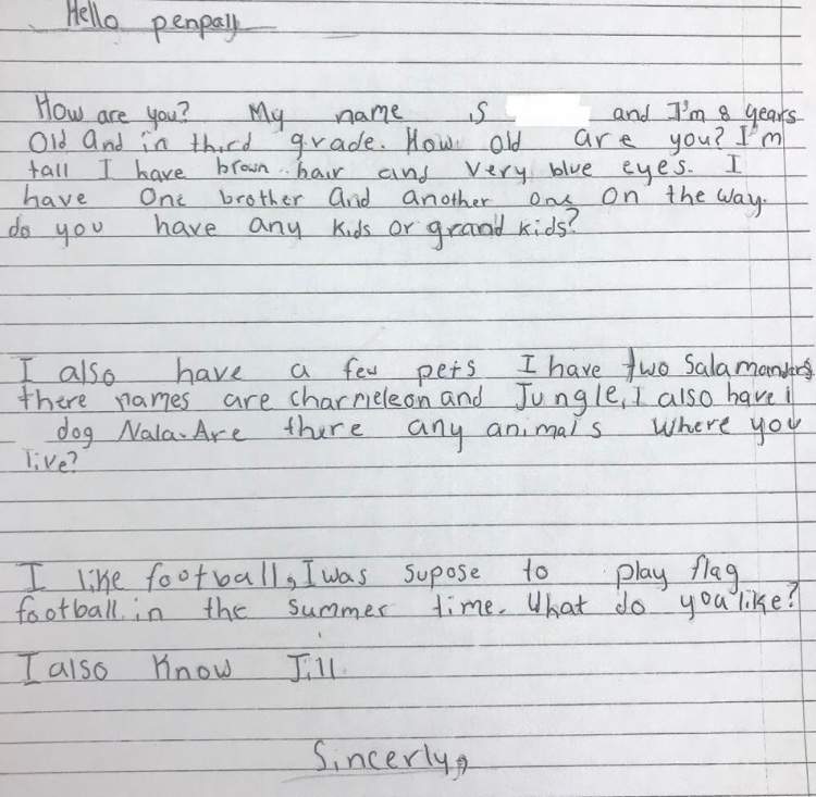 Noah Rosbrook’s first letter that he wrote to his 101-year-old pen pal.