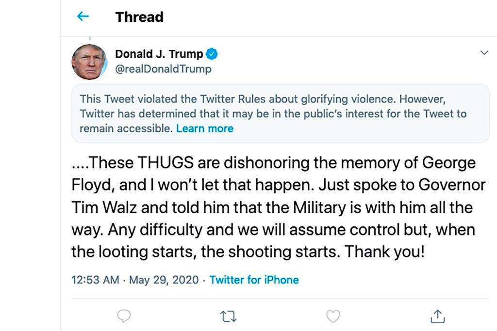 This image from the Twitter account of President Donald Trump shows a tweet he posted on Friday, May 29, 2020, after protesters in Minneapolis torched a police station, capping three days of violent protests over the death of George Floyd, who pleaded for air as a white police officer knelt on his neck. The tweet drew a warning from Twitter for Trump’s rhetoric, with the social media giant saying he had “violated the Twitter Rules about glorifying violence.” (Twitter via AP)