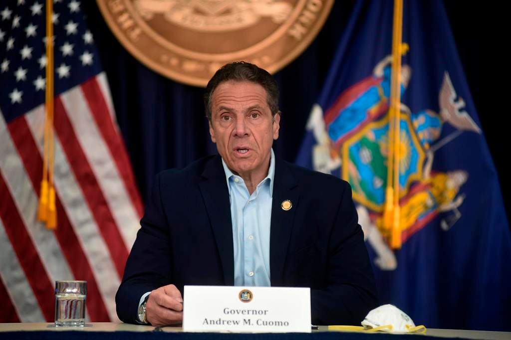 New York Gov. Andrew Cuomo briefs the media during a coronavirus news conference at his office in New York City, Saturday, May 9, 2020.