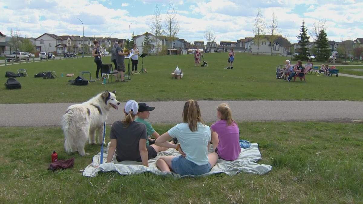 People turned out to a music drive for the food bank in Okotoks, Alta., on Sunday, May 24, 2020.