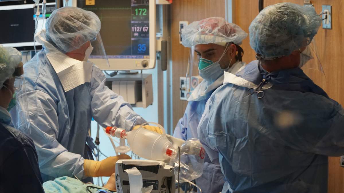 Doctors intubate a patient with COVID-19 at Humber River Hospital on April 24, 2020.