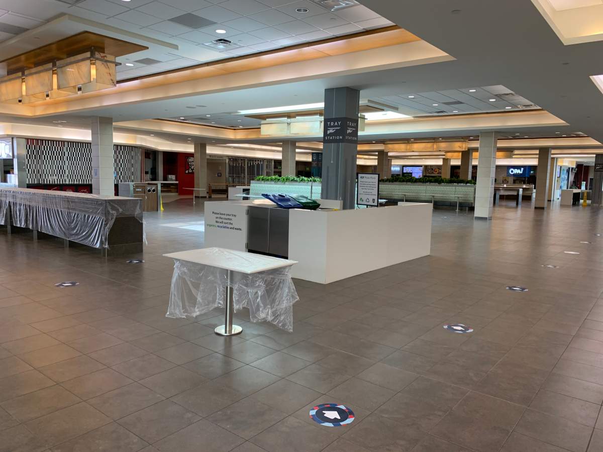 All seating has been removed from the CF Polo Park food hall.