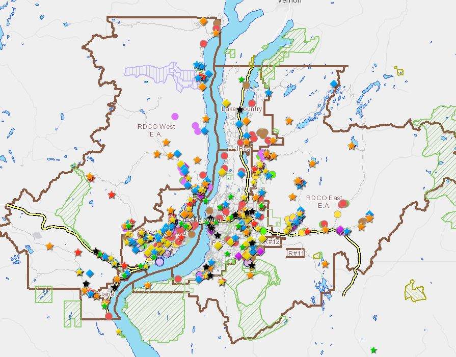 Dump sites identified between 2003-2020 in the Central Okanagan.