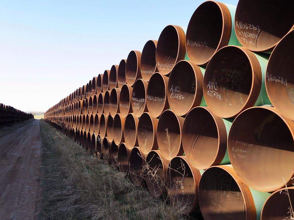 File: Pipes intended for construction of the Keystone XL pipeline are shown in Gascoyne, N.D. on Wednesday April 22, 2015. A financial analyst says Alberta government backing means TC Energy Corp. will be more likely to continue construction of the Keystone XL pipeline this summer despite Joe Biden's vow to kill it if he is elected president in November. THE CANADIAN PRESS/Alex Panetta.