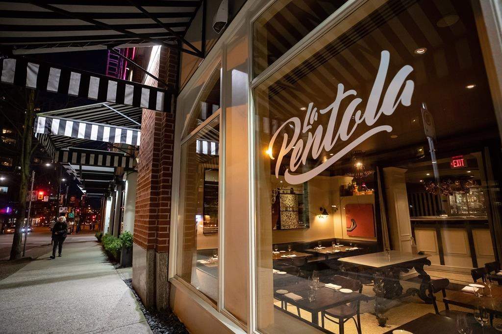 A woman walks past a closed restaurant in a quiet downtown, amid concerns about the spread of COVID-19, in Vancouver, on Tuesday, March 17, 2020. Vancouver city council is also preparing to debate the issue of making more room for restaurants and Mayor Kennedy Stewart has said the city must think creatively to help spur recovery. THE CANADIAN PRESS/Darryl Dyck.