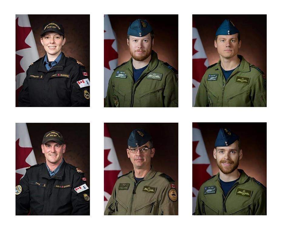 Canadian Armed Forces members (clockwise from top left) Sub-Lt. Abbigail Cowbrough, Capt. Brenden MacDonald, Capt. Kevin Hagen, Capt. Maxime Miron-Morin, Master Cpl. Matthew Cousins and Sub-Lt. Matthew Pyke are shown in a Department of National Defence handout photos. All were aboard a Cyclone helicopter which crashed into the Ionian Sea off the coast of Greece on April 29, 2020.