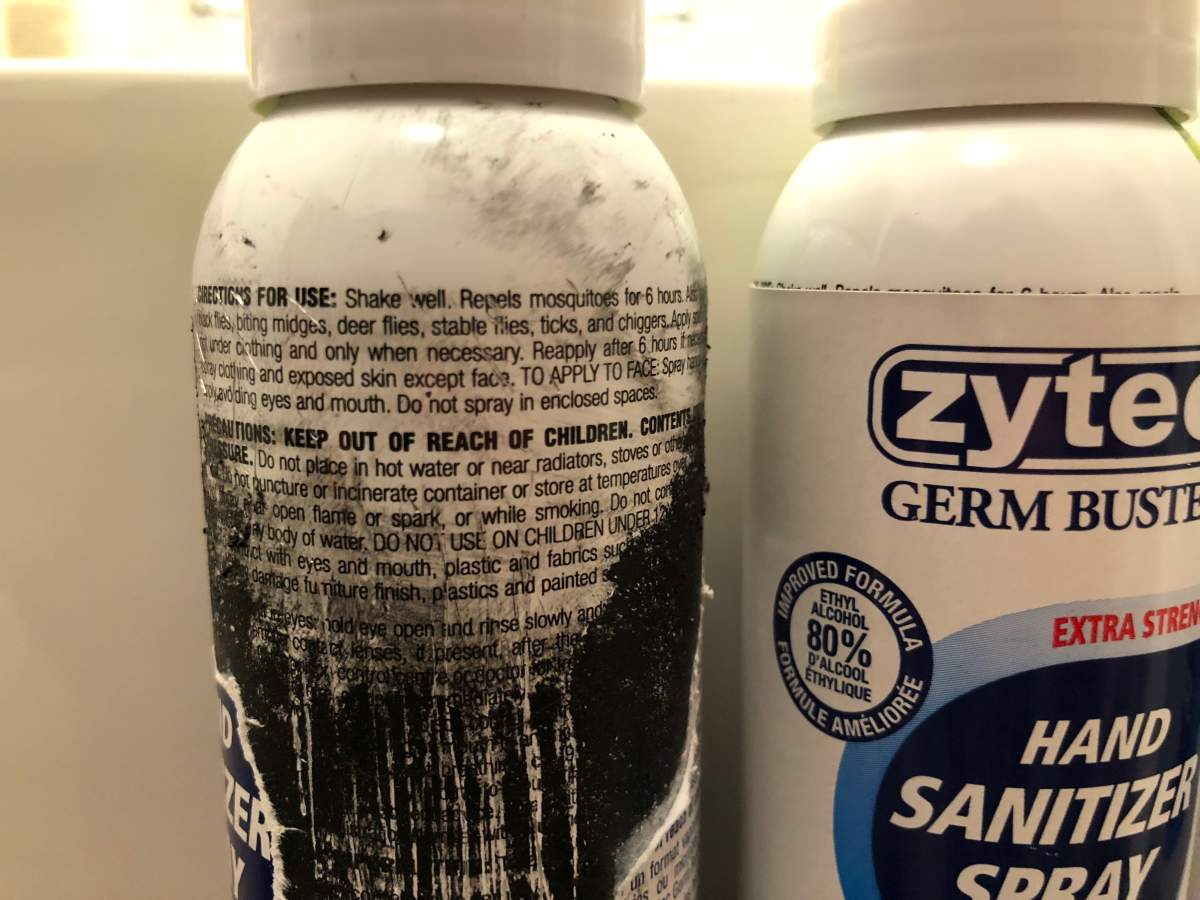 According to a Dollarama, zytec Ger, Buster re-labelled clean, unused bug repellant bottles for its hand sanitizer, in order to meet the rapid demand of COVID-19.
