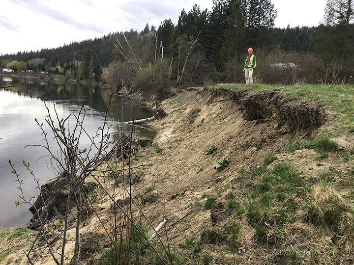 A technical expert assess rising waters and erosion on the rail trail along the Shuswap River this spring for the Sicamous to Armstrong rail trail development plan. 