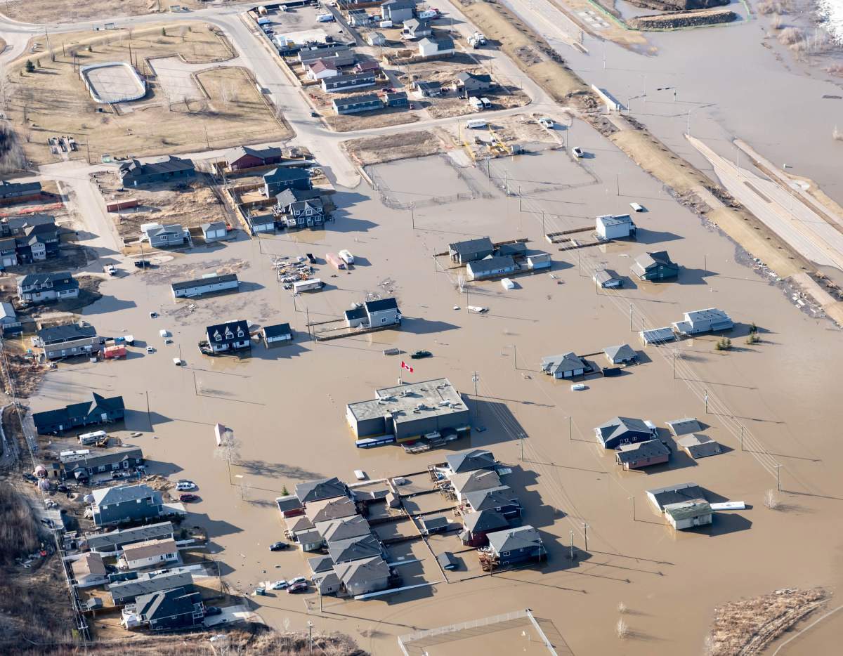 The flooded Waterways neighbourhood in Fort McMurray, Alta., is shown on Tuesday, April 28, 2020. 