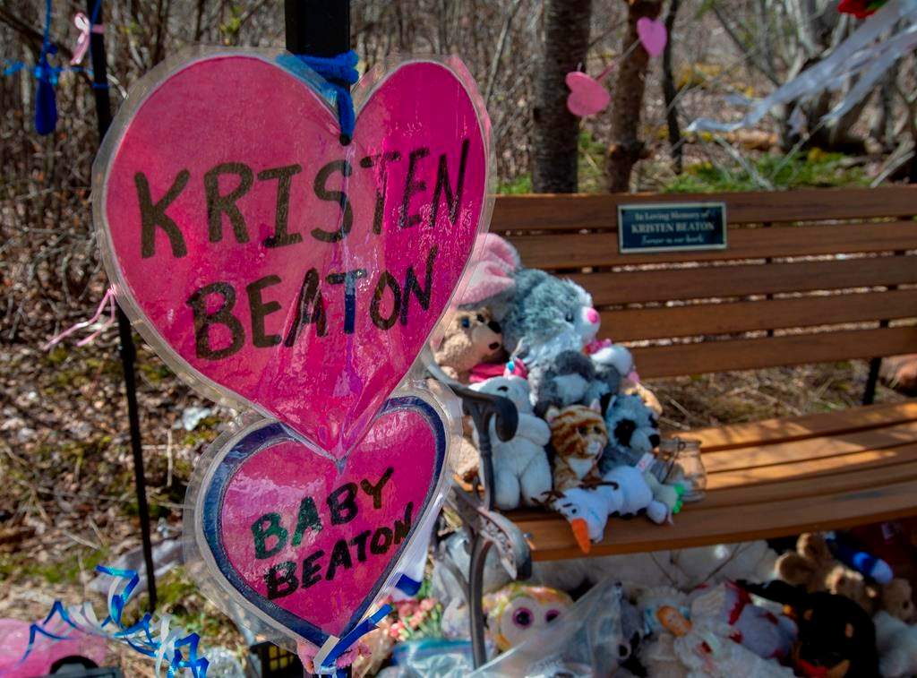A shrine to Kristen Beaton and her unborn child is seen in Debert, N.S. on Thursday, May 14, 2020. It was one month ago that 22 people were killed after a man went on a murder rampage in Portapique and several other Nova Scotia communities.