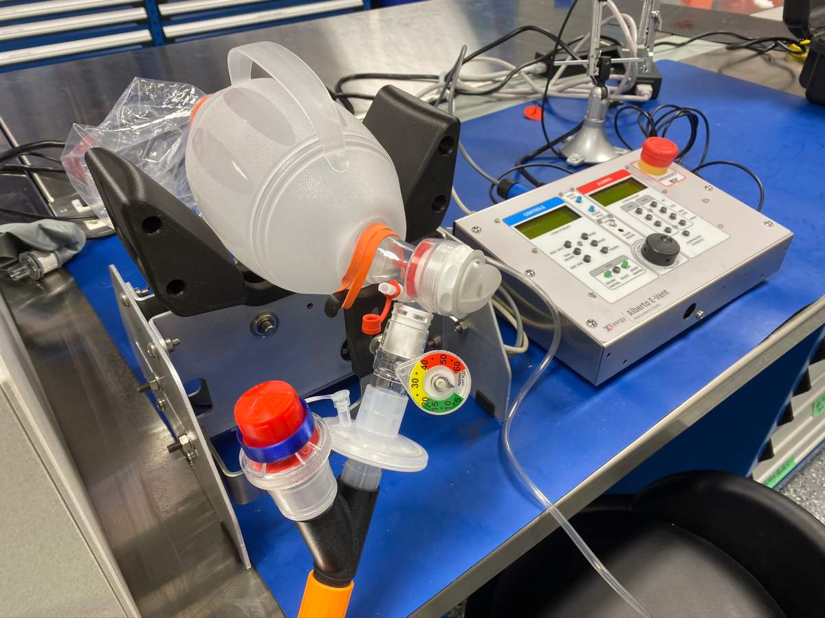 The Alberta E-Vent, nicknamed “Bertie”, is an automated resuscitator intended for short-term respiratory support, monitoring and treatment of adult patients when a conventional ventilator is unavailable. It is designed by Exergy Solutions in Calgary.