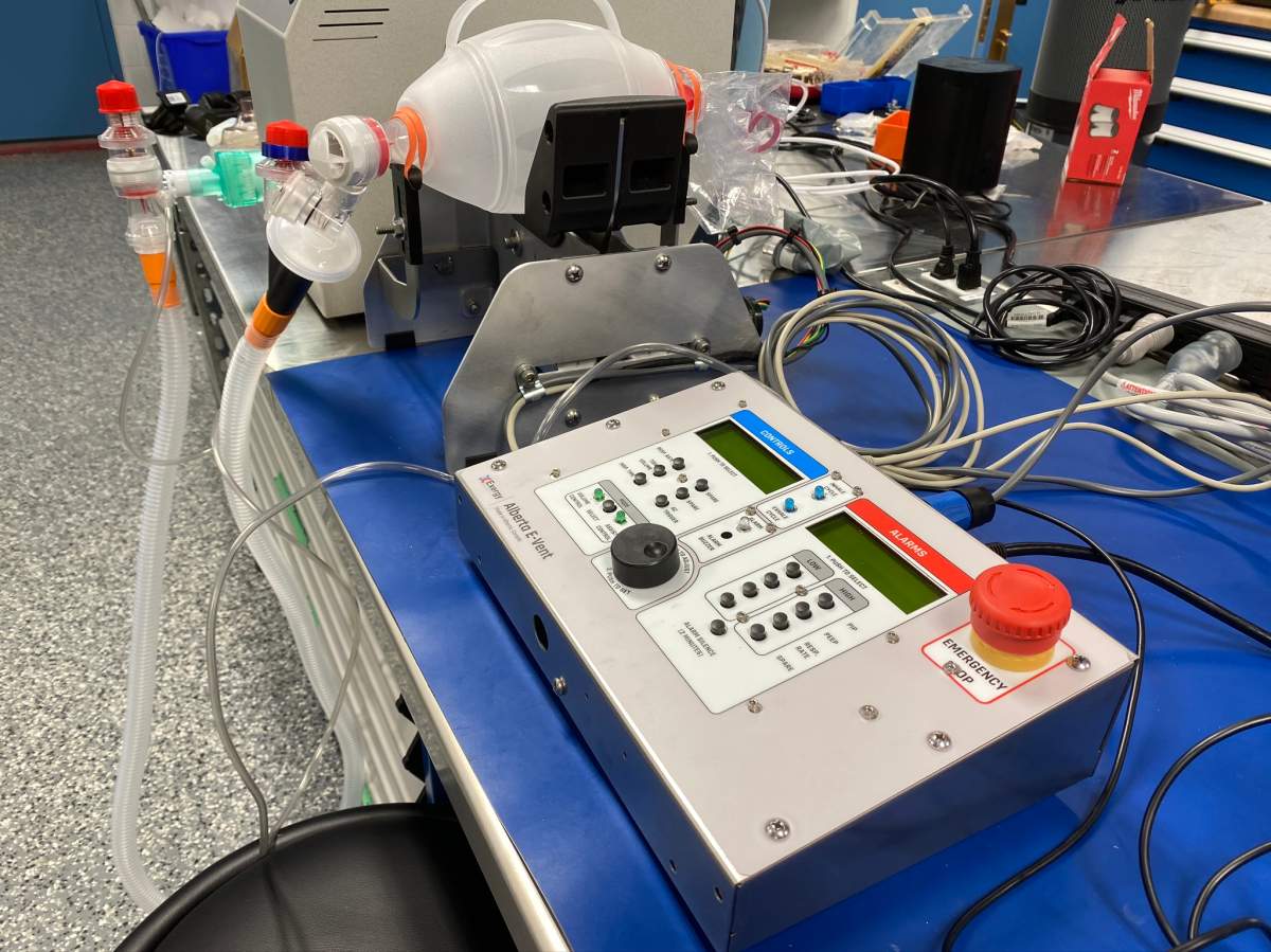 The Alberta E-Vent, nicknamed “Bertie”, is an automated resuscitator intended for short-term respiratory support, monitoring and treatment of adult patients when a conventional ventilator is unavailable. It is designed by Exergy Solutions in Calgary.