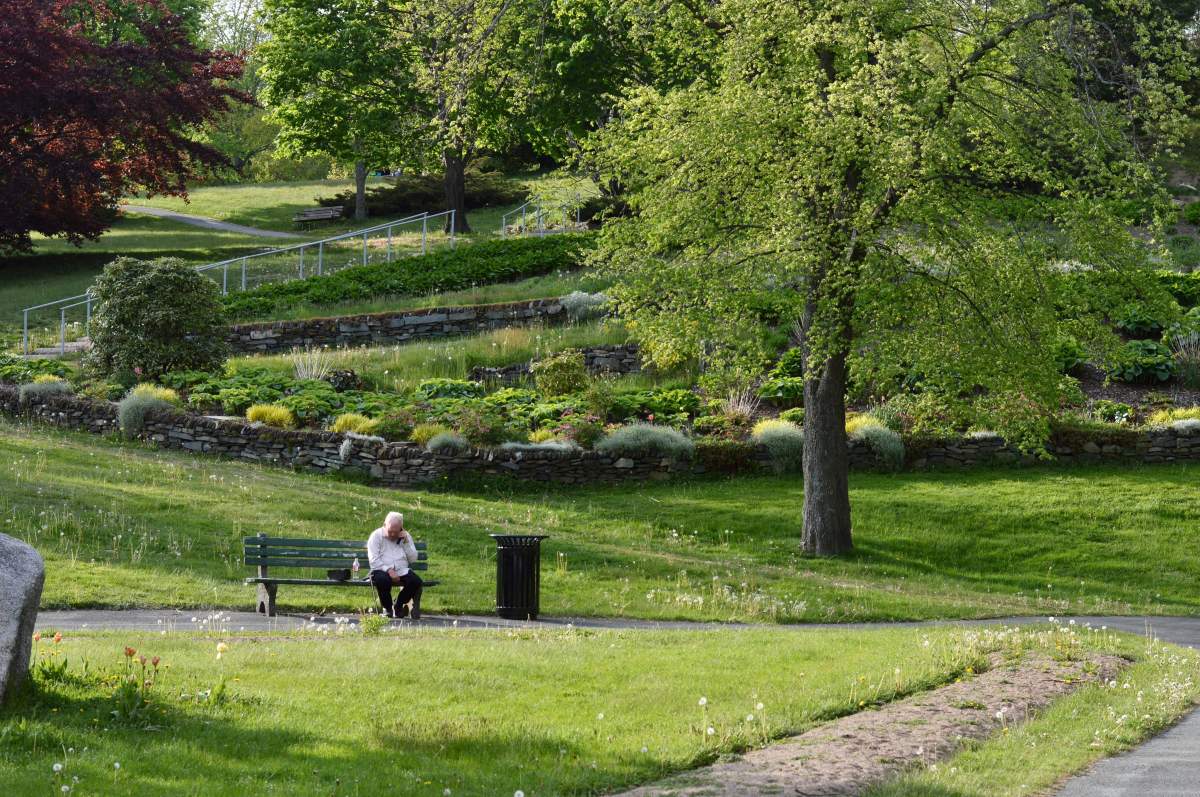 File - A man speaks on his phone at the Dartmouth Commons on May 31, 2020. 