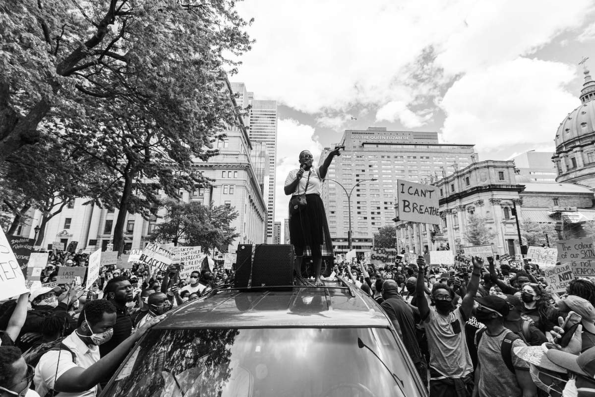 Marcelin preaching to a sea of people in downtown Montreal on Sunday.