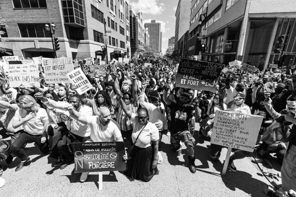 Marcelin leading protestors during Sunday’s peaceful demonstration against racism and police brutality.