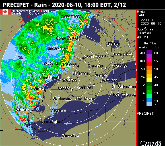Environment Canada’s Exeter, Ont. radar captured this line of storms crossing southern Ontario on June 10, 2020. The image shows 6 p.m. ET, as the storm system began to impact areas around Goderich and further north.